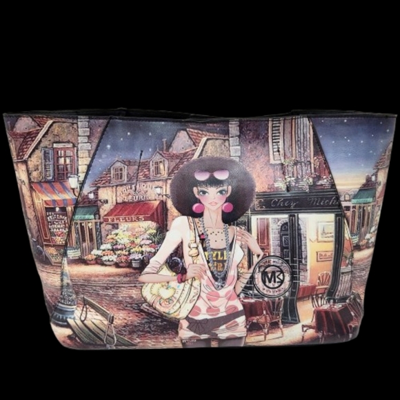 Michael Michelle Large Coated Canvas Printed French Market Scene Tote Bag - Picture 2 of 13